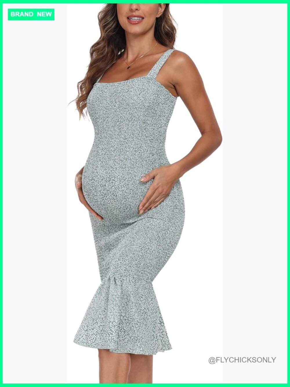 Maternity Smocked Bodycon Midi Dress Sleeveless Strappy Floral Ruffle